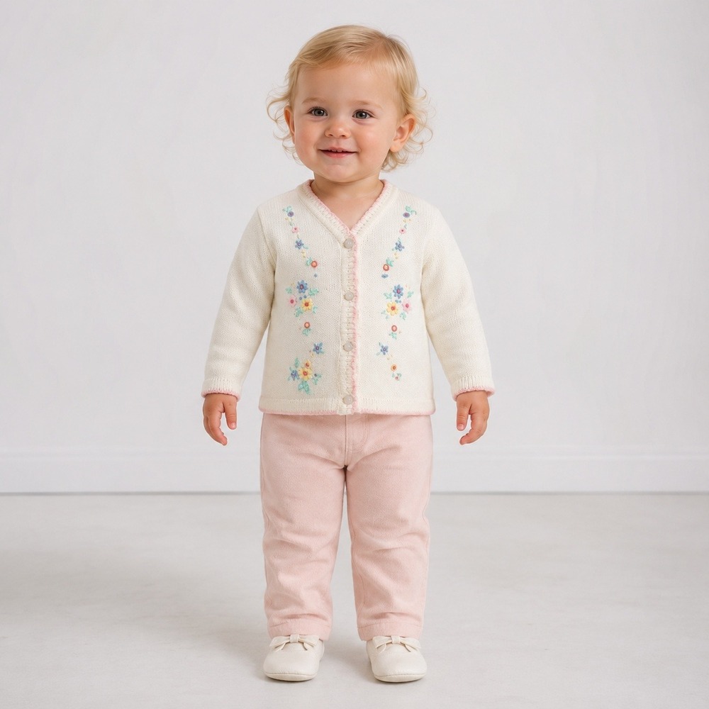 Unbranded Girls 18-24M Cream Knit Cardigan Floral Embroidered Pink Trim